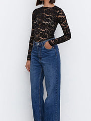 Semi-sheer Floral Lace Long Sleeve Top