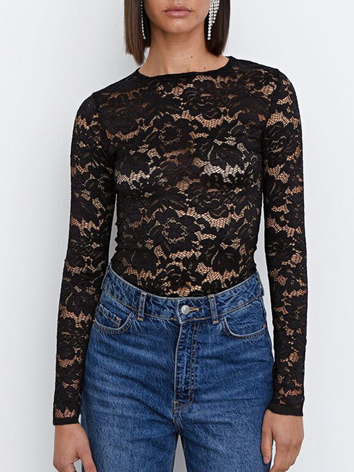 Semi-sheer Floral Lace Long Sleeve Top