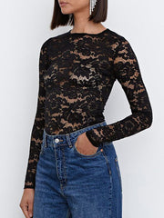 Semi-sheer Floral Lace Long Sleeve Top