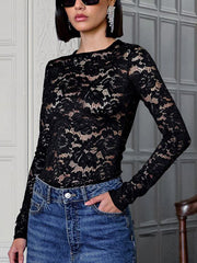 Semi-sheer Floral Lace Long Sleeve Top