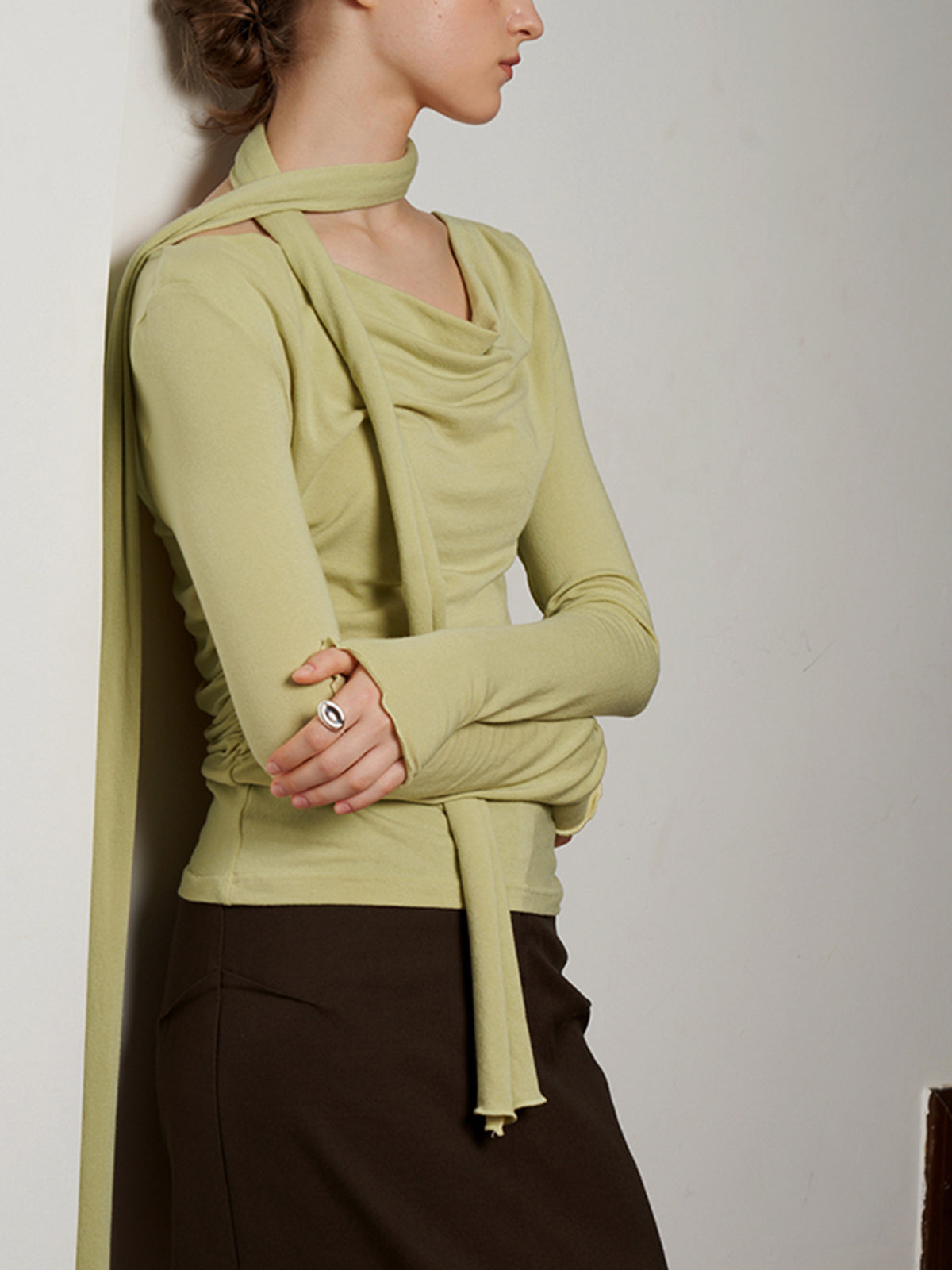 Solid Side Pleated Cowl Neck Shirt