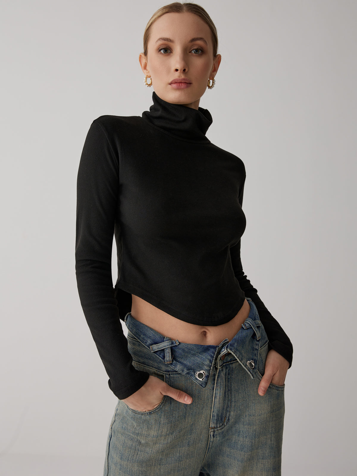 Solid High Collar Long sleeve Top