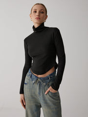 Solid High Collar Long sleeve Top