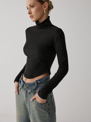 Solid High Collar Long sleeve Top