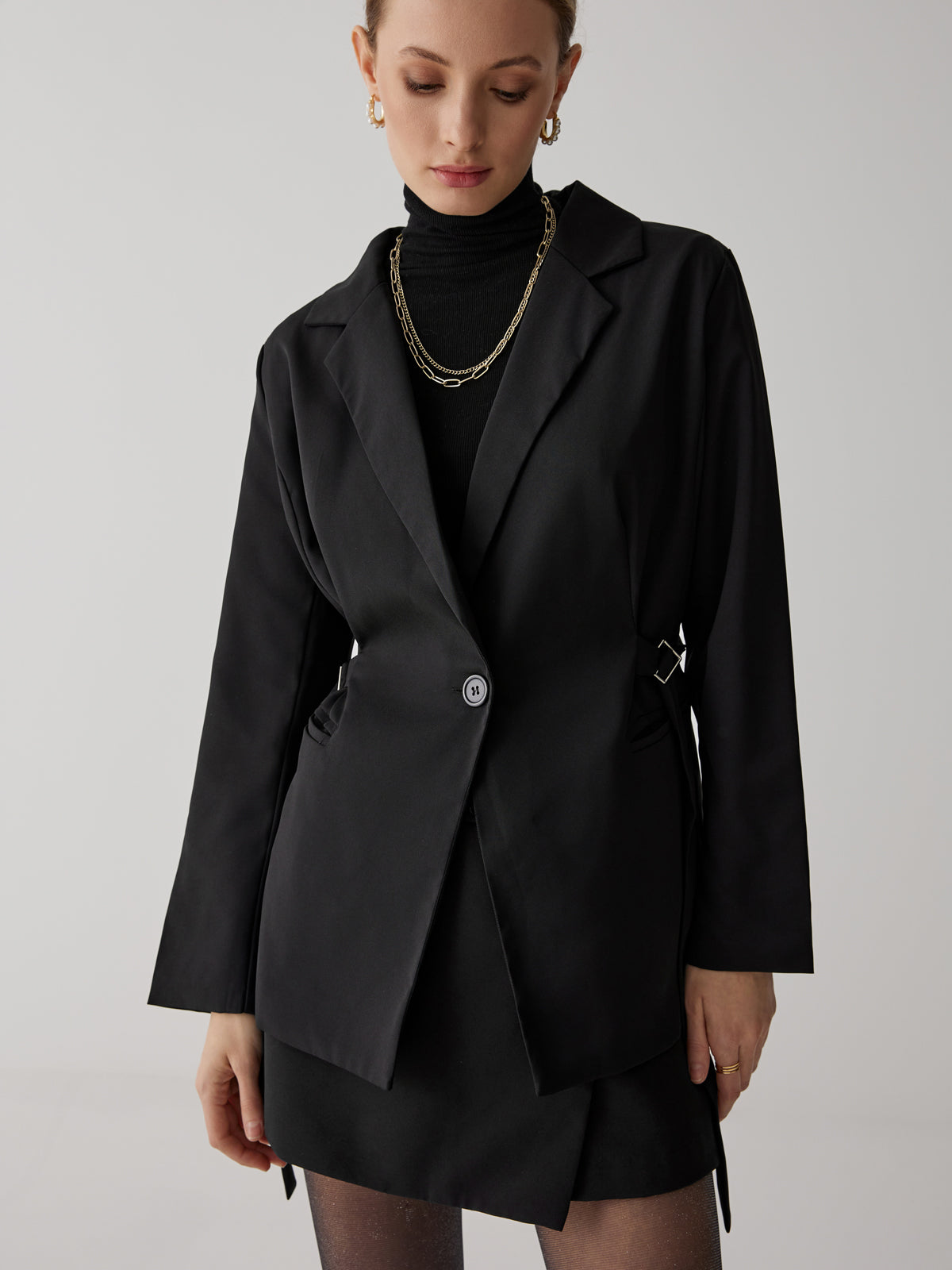 Drawstring Waist Button Blazer