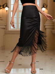 Asymmetric Satin Fringe Trim Ruched  Midi Skirts