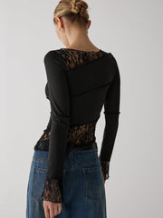 Solid Patchwork Lace Long Sleeve Top