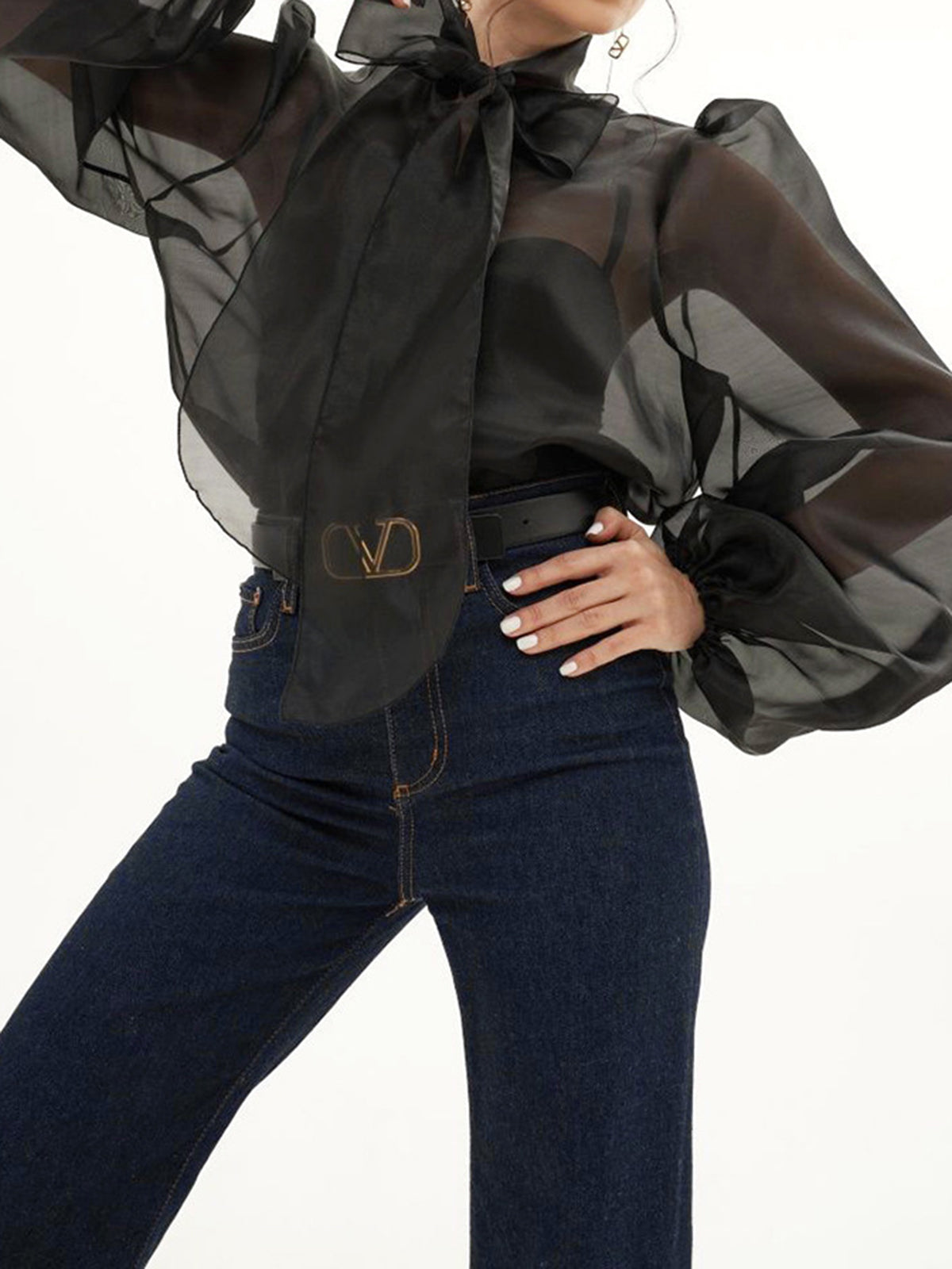 Tie Neck Sheer Net Shirt
