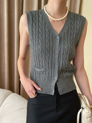 Solid V-Neck Button Knitted Vest