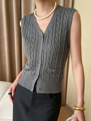 Solid V-Neck Button Knitted Vest