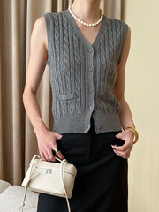 Solid V-Neck Button Knitted Vest