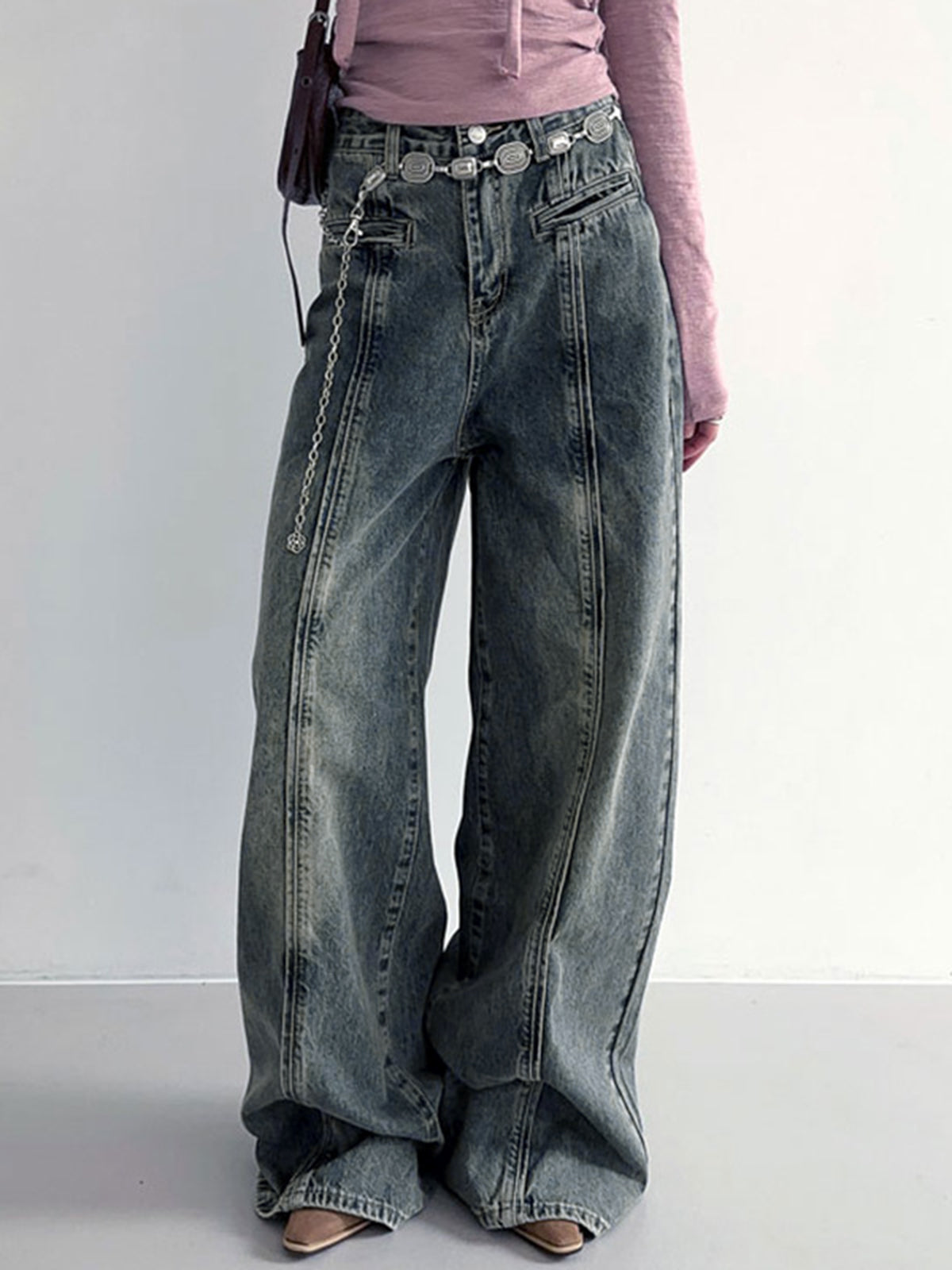 Center Stripe Wide Leg Jeans Without Belt