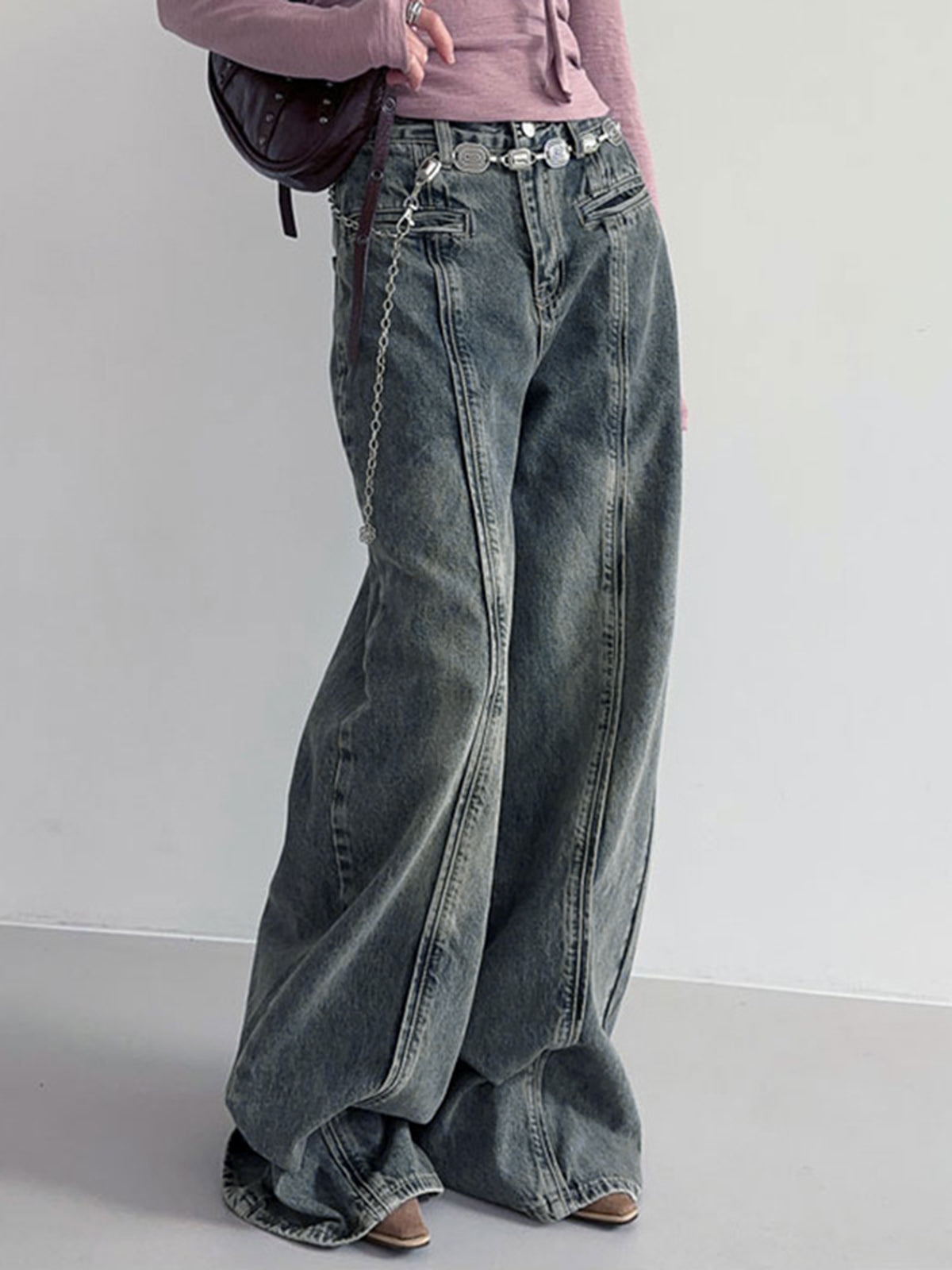 Center Stripe Wide Leg Jeans Without Belt