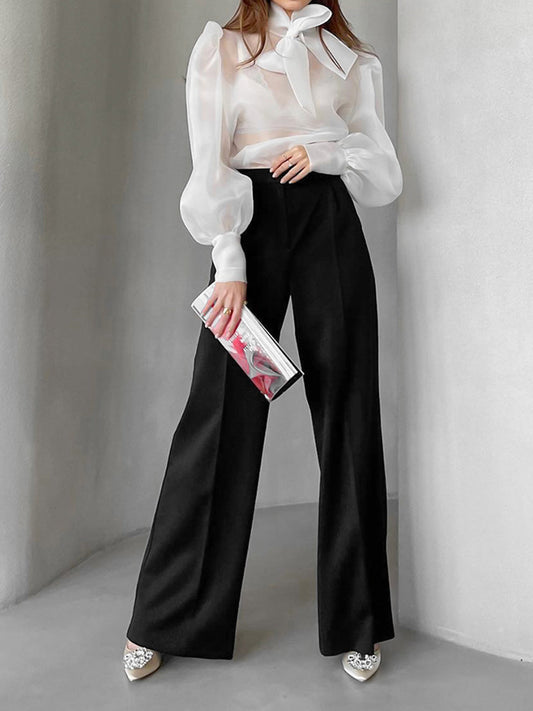 Mesh Puff Sleeve Knot-Front Shirt