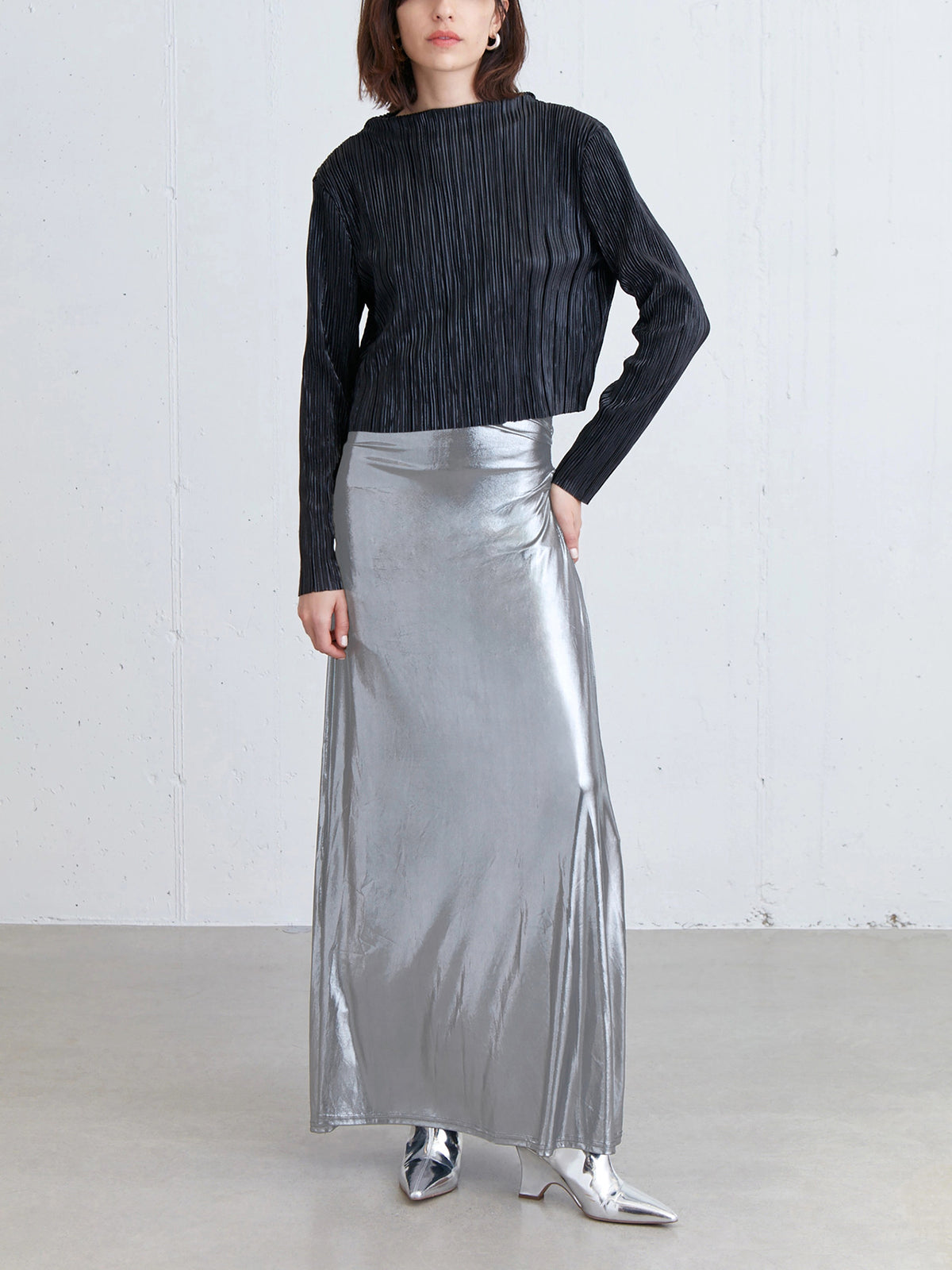 Metallic Silver Maxi Skirt