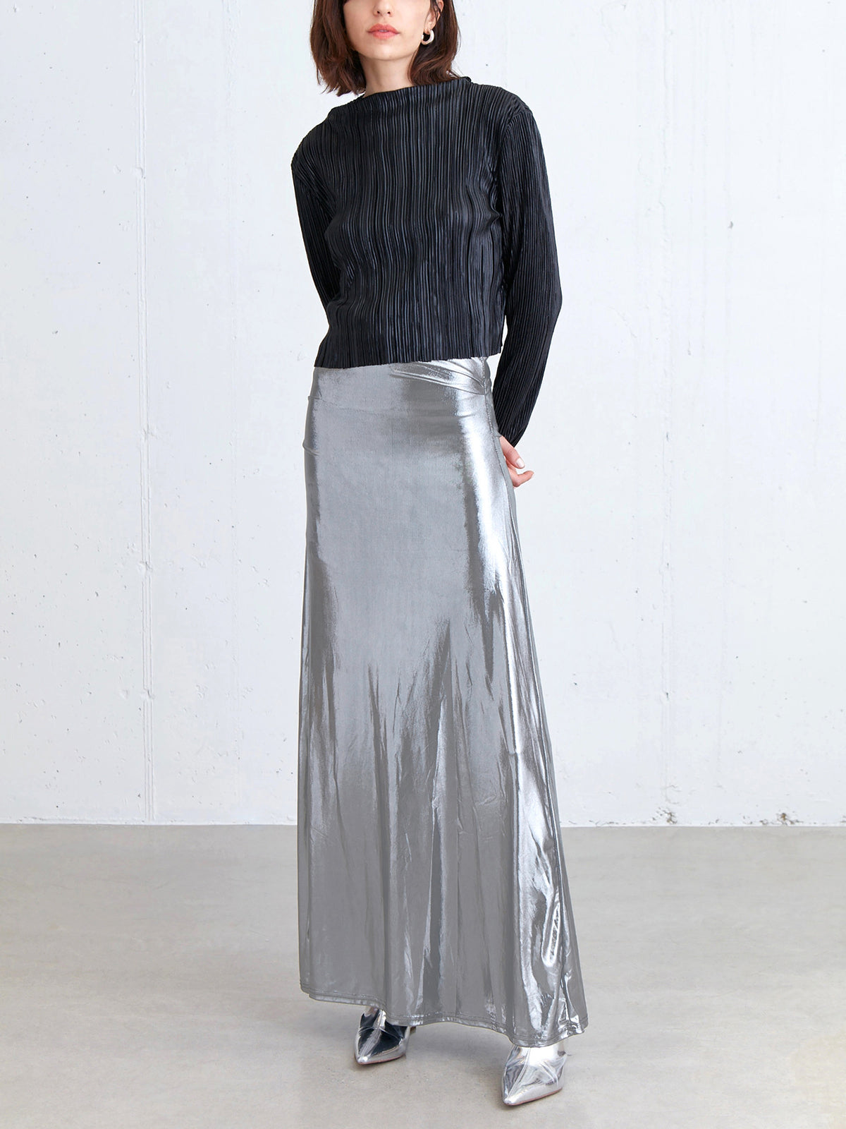 Metallic Silver Maxi Skirt