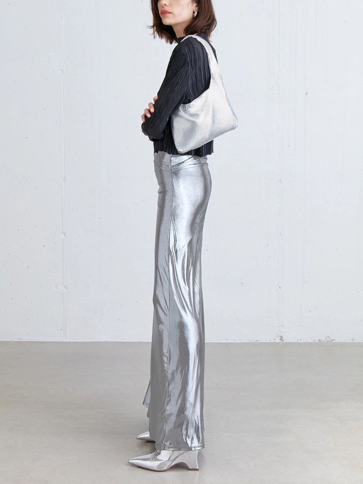 Metallic Silver Maxi Skirt