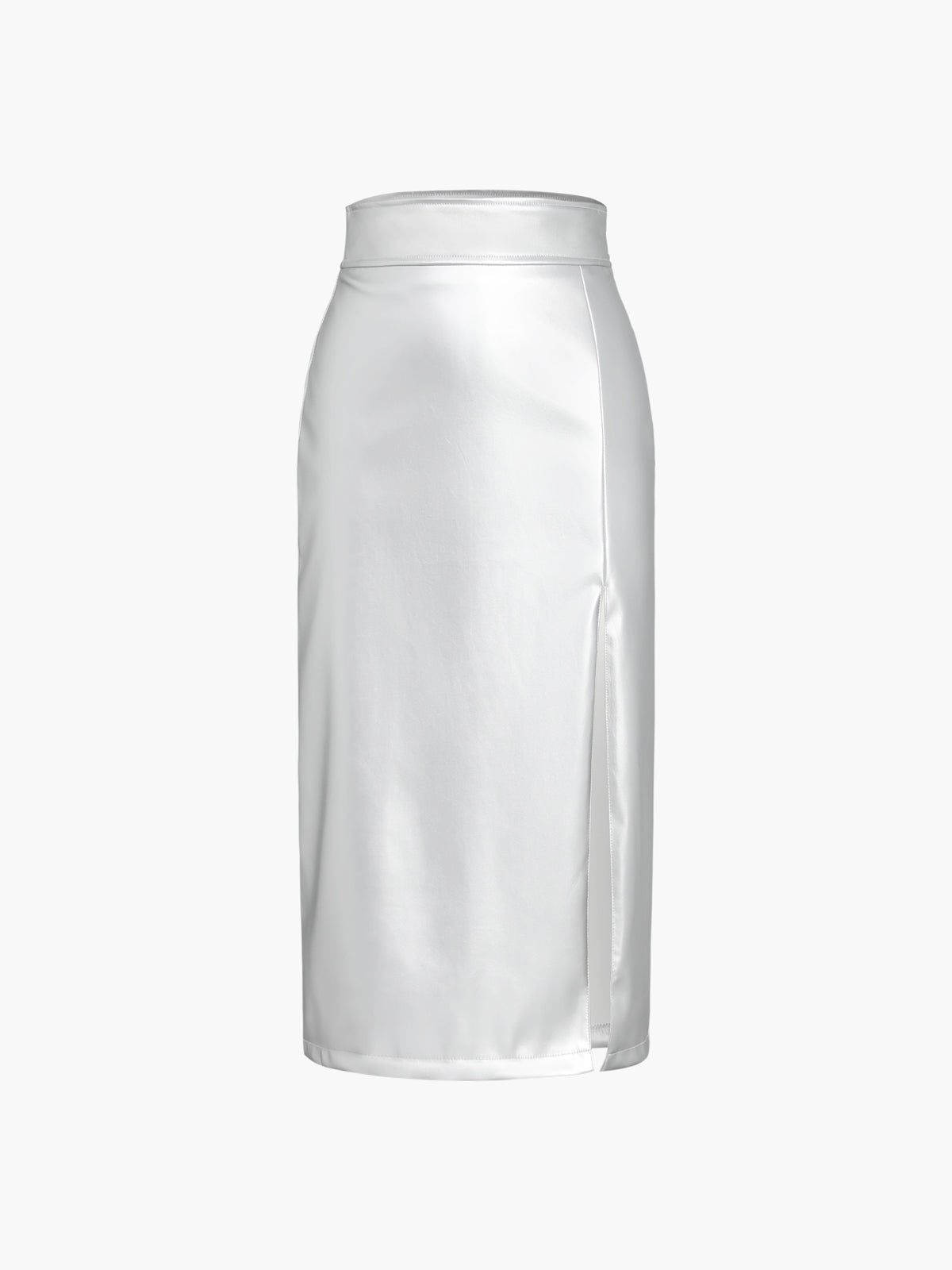 Metallic Silver Slit Midi Skirt