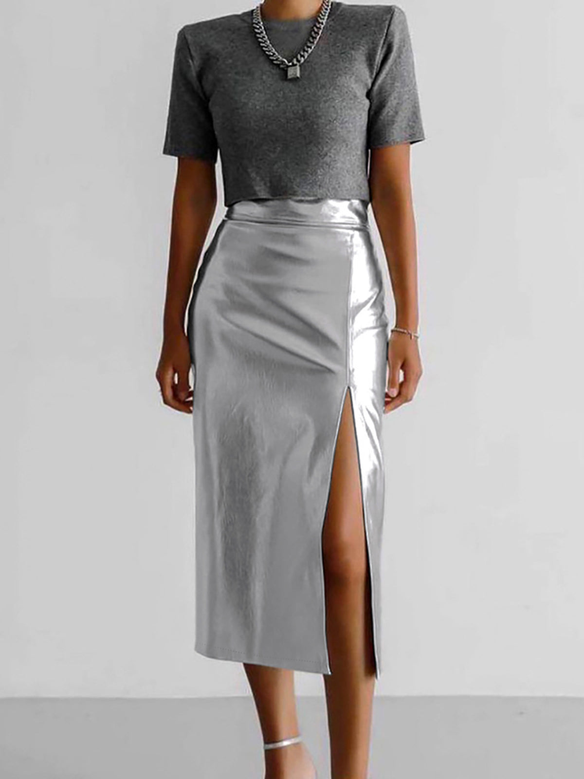 Metallic Silver Slit Midi Skirt
