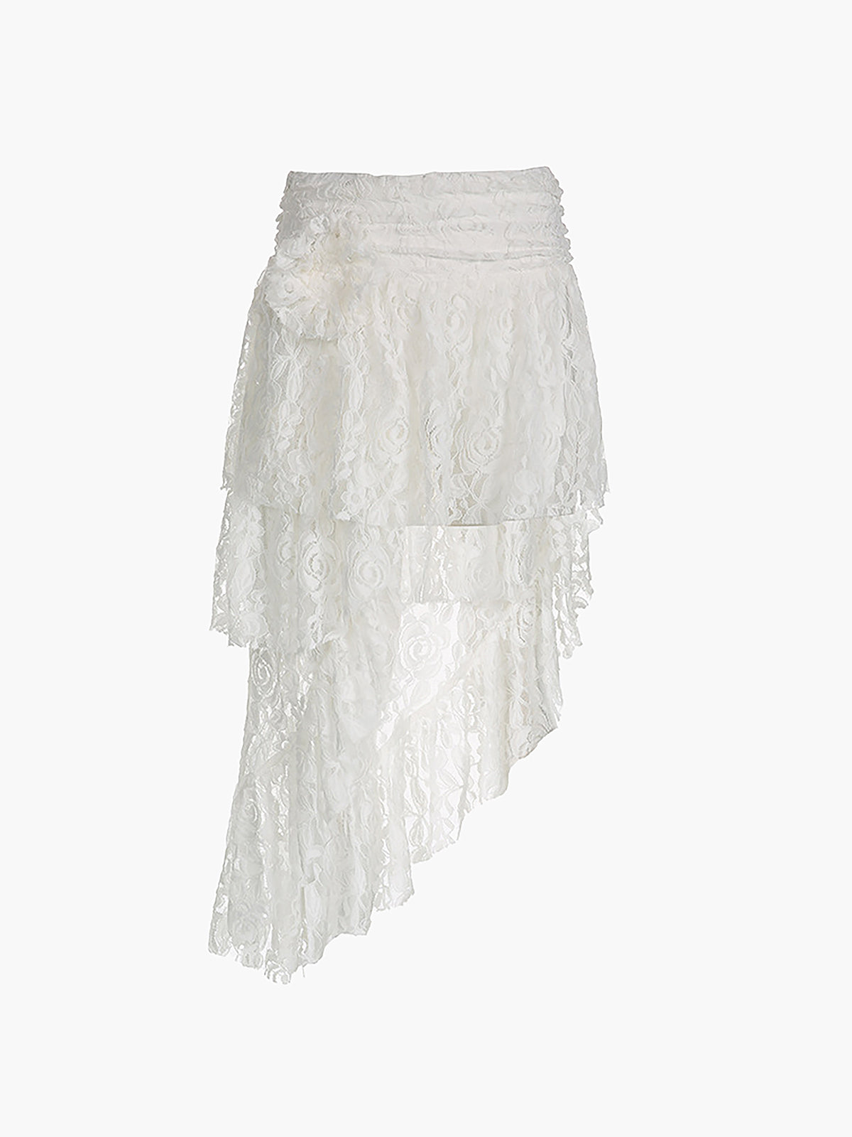 Asymmetric Flower Lace Ruffles Pleated Long Skirt