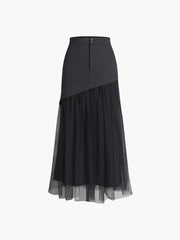 Patchwork Button Mesh Midi Skirt