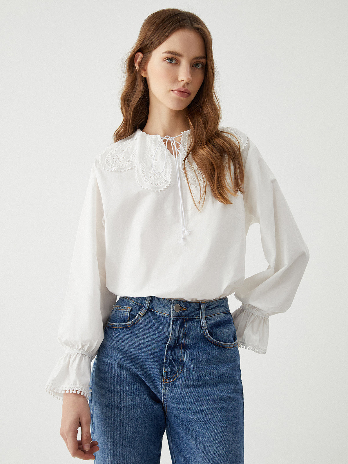 Ruffle Tie Neck Lantern Sleeve Shirt