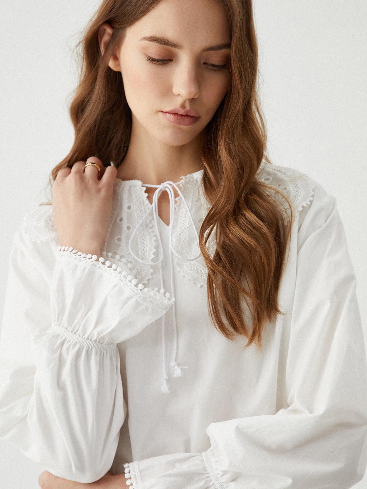 Ruffle Tie Neck Lantern Sleeve Shirt