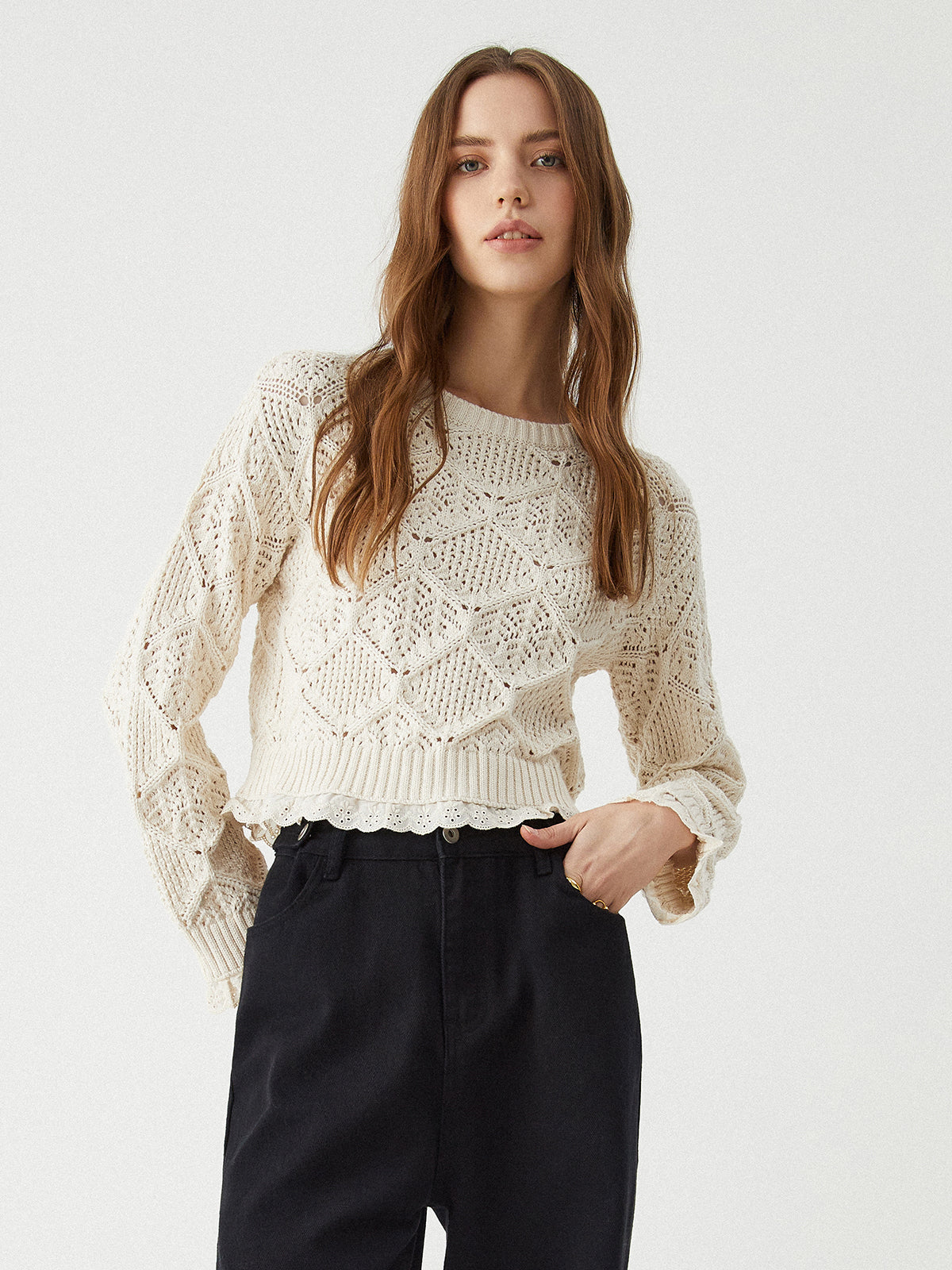 Jacquard Lace Hem Knit Top