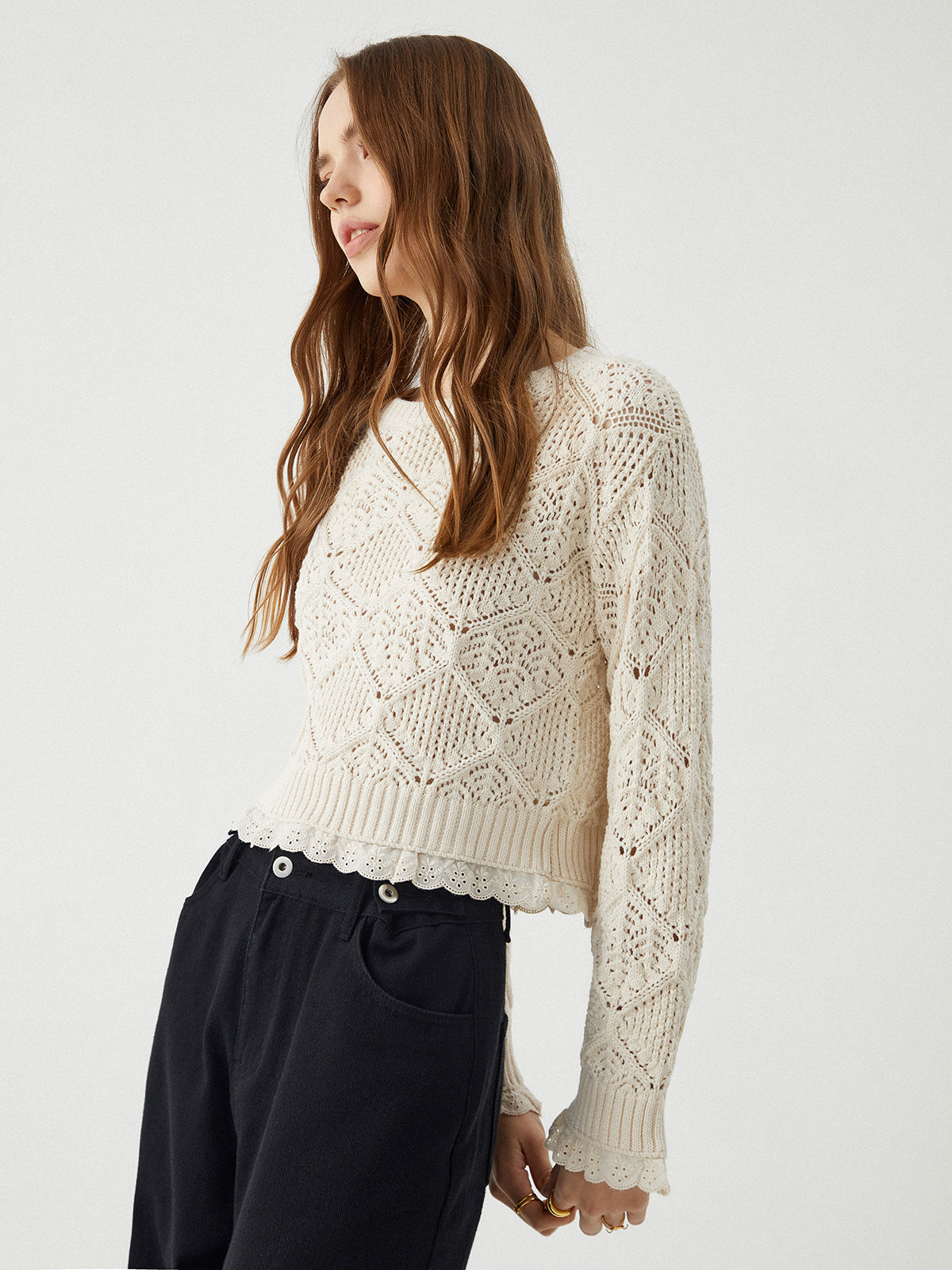 Jacquard Lace Hem Knit Top