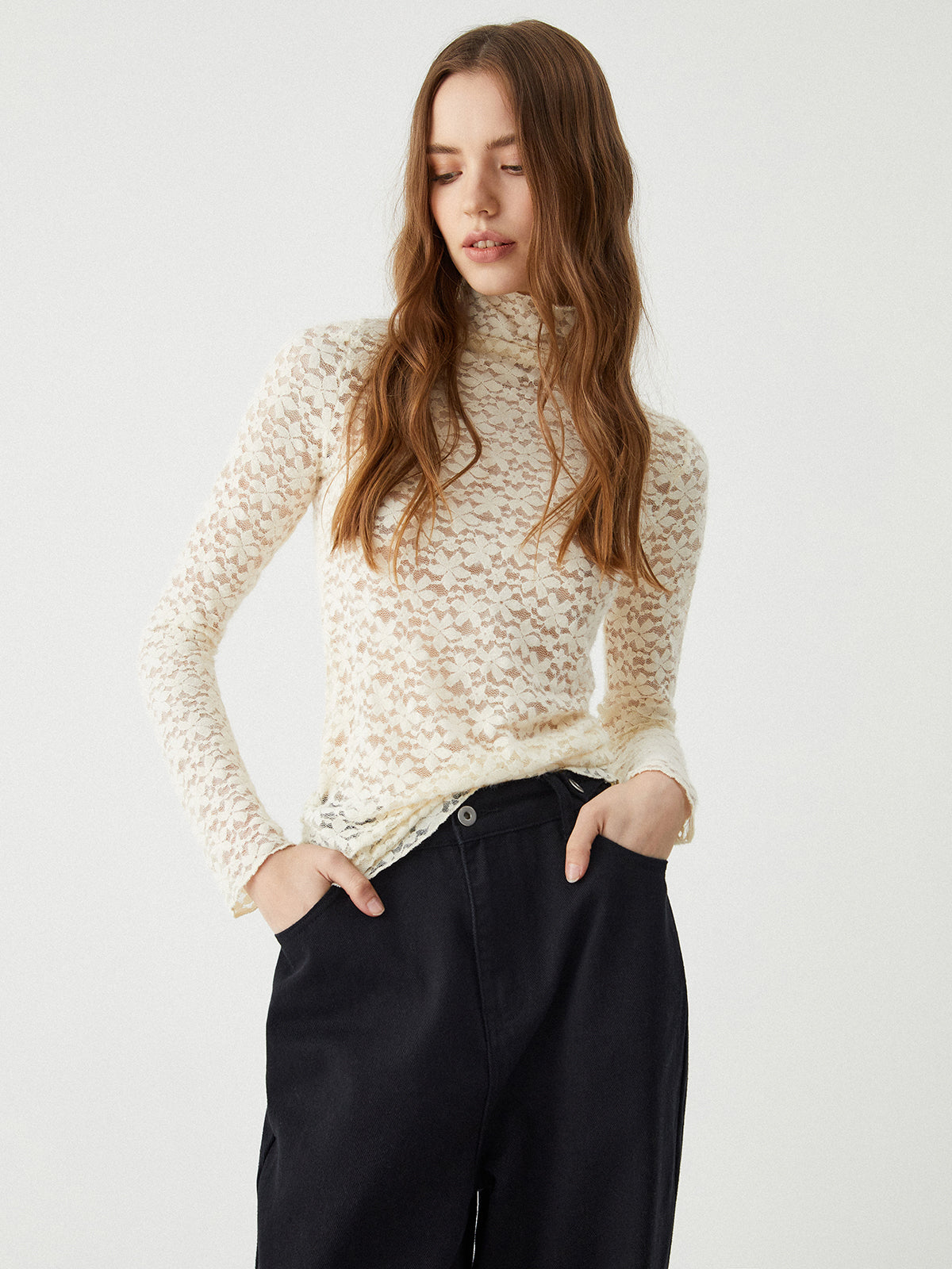 Sheer Lace Funnel Neck Top