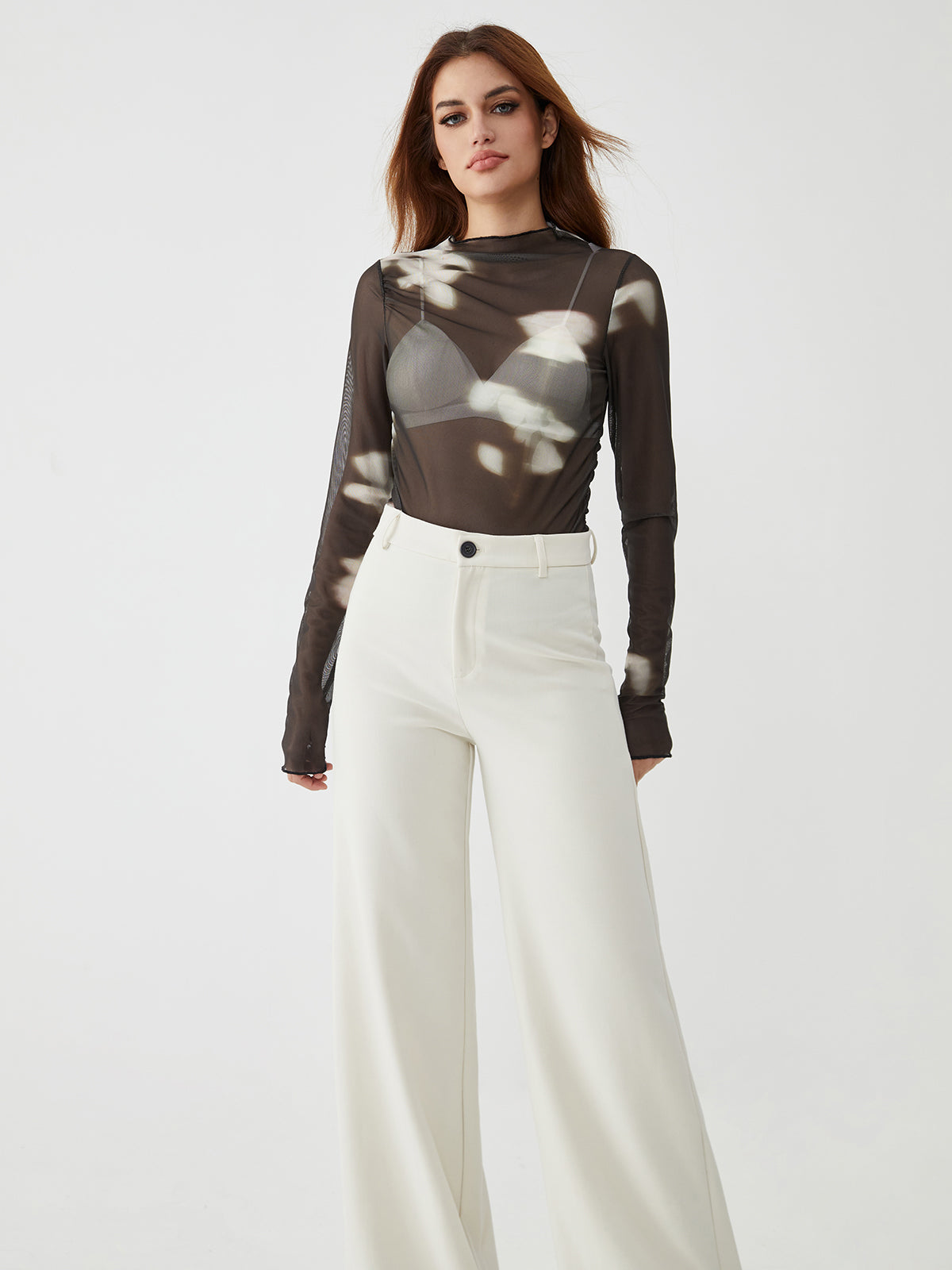 Sheer Irregular Print Long Sleeve Top