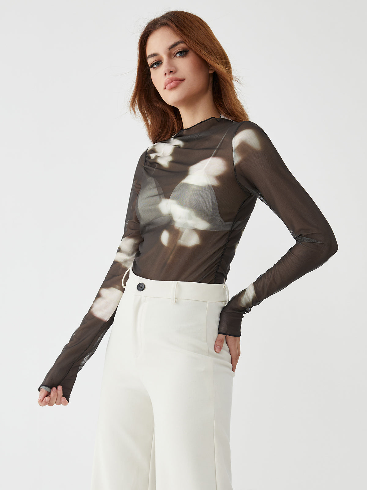 Sheer Irregular Print Long Sleeve Top