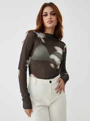 Sheer Irregular Print Long Sleeve Top