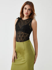 Sheer Knot-Front Lace Tank Top