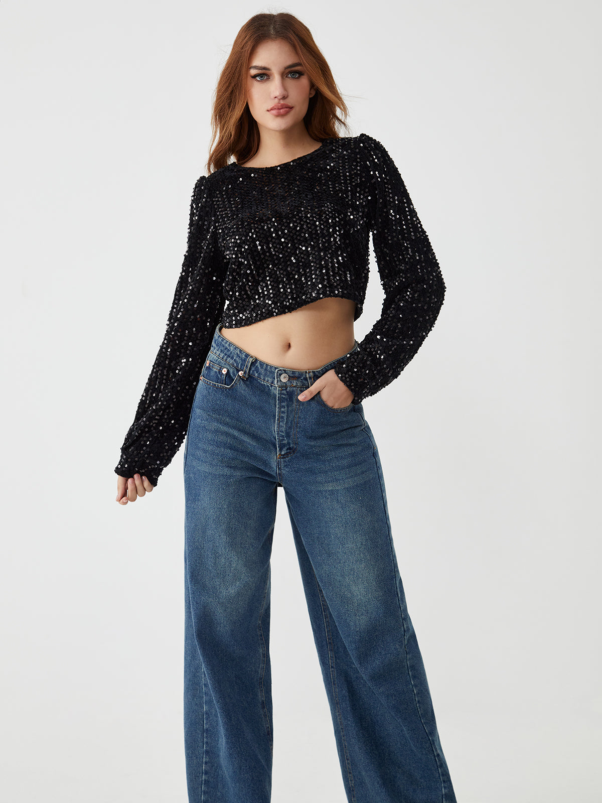 Sequin Long Sleeve Backless Crop Top