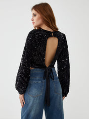 Sequin Long Sleeve Backless Crop Top