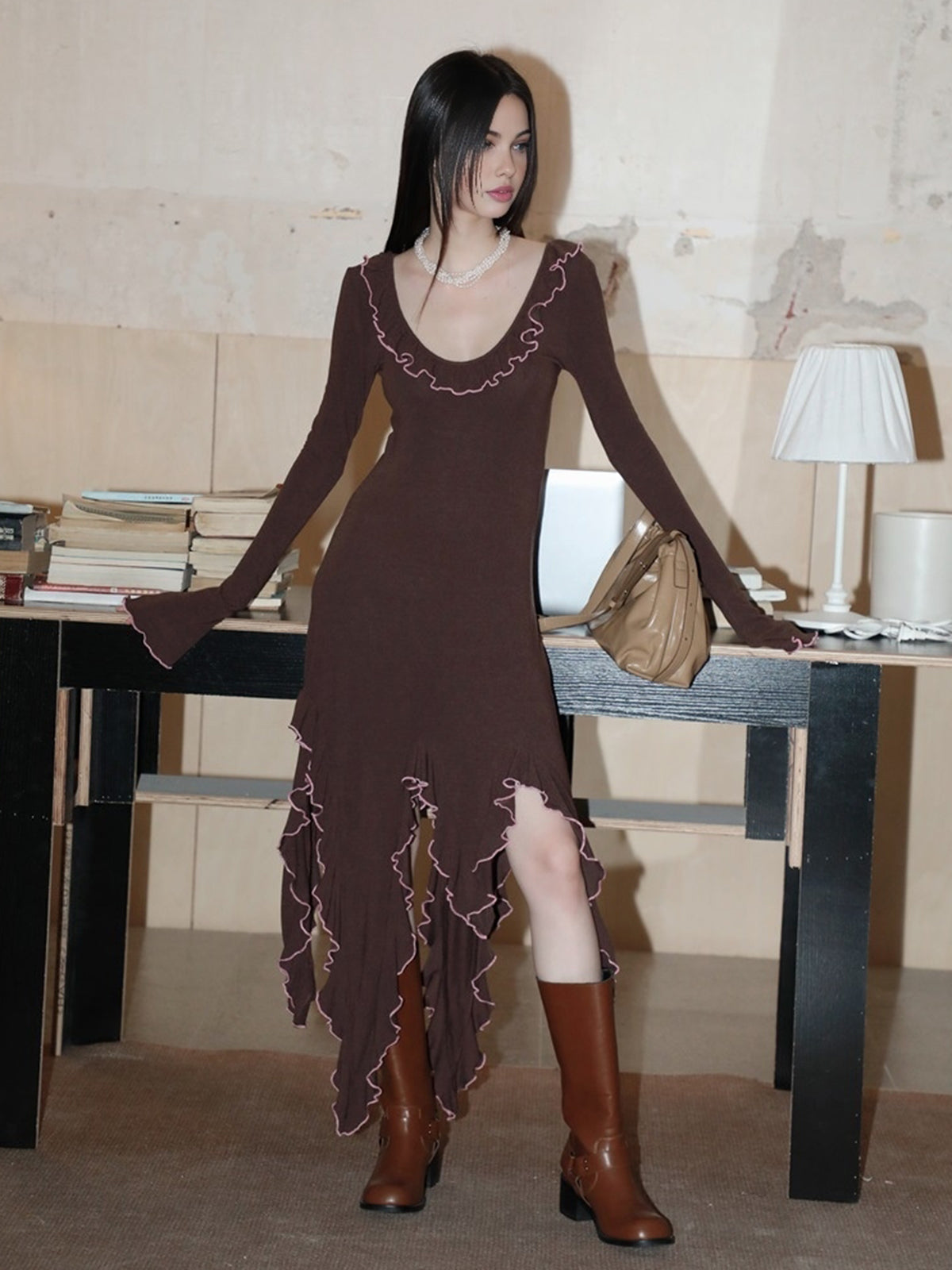 Irregular Flow Brown Midi Soft Dress