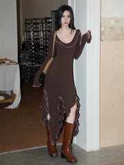 Irregular Flow Brown Midi Soft Dress