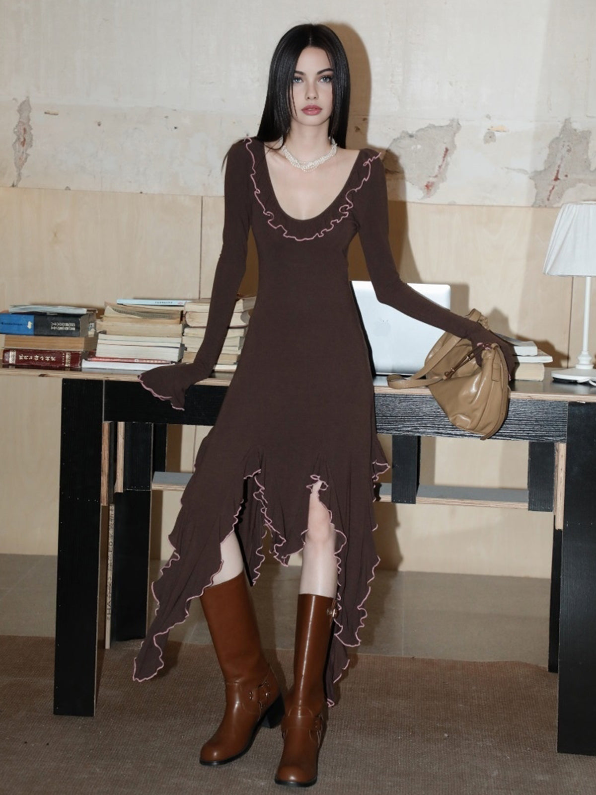 Irregular Flow Brown Midi Soft Dress