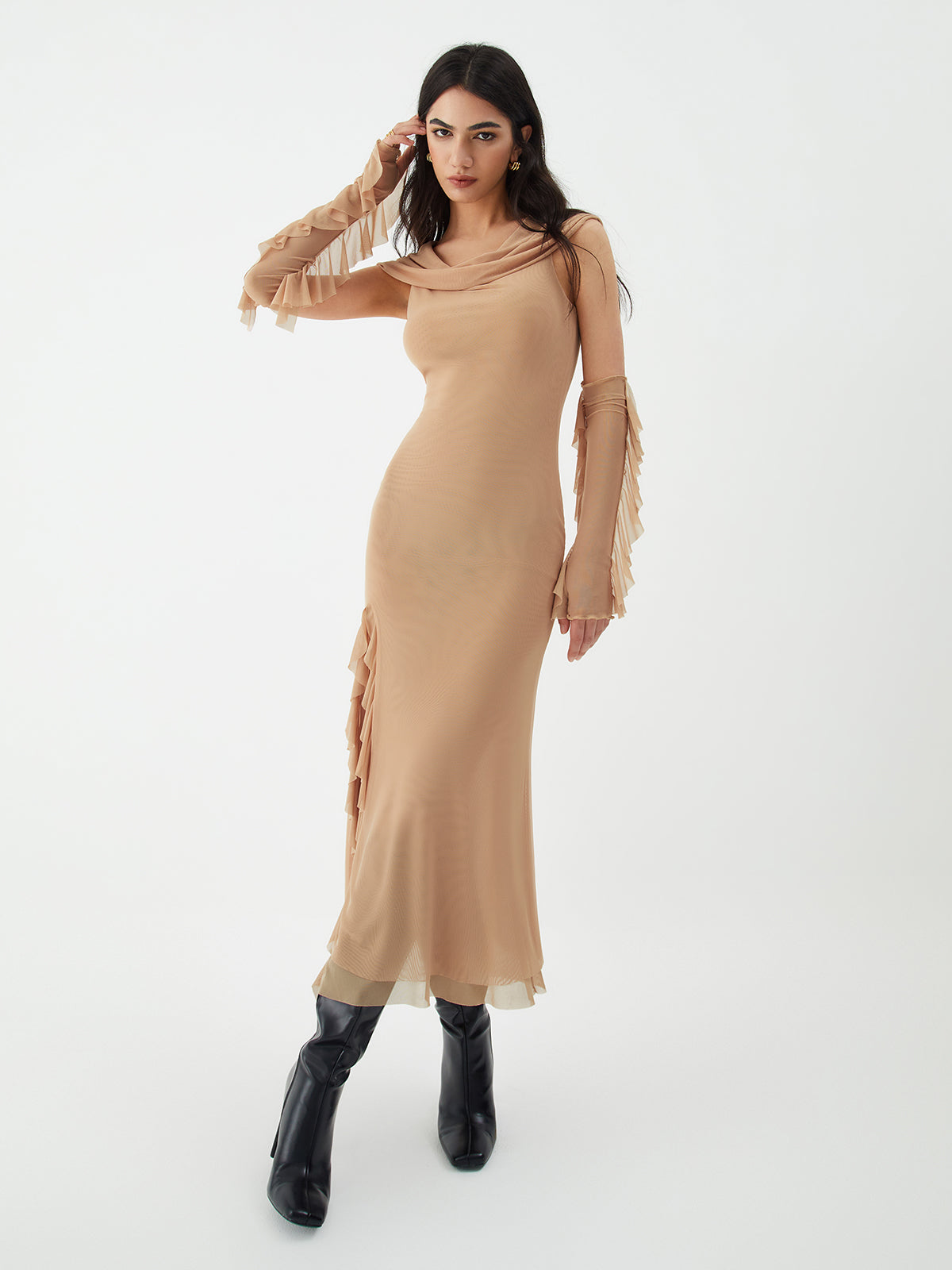 Hooded Lettuce Trim Split Midi Dress