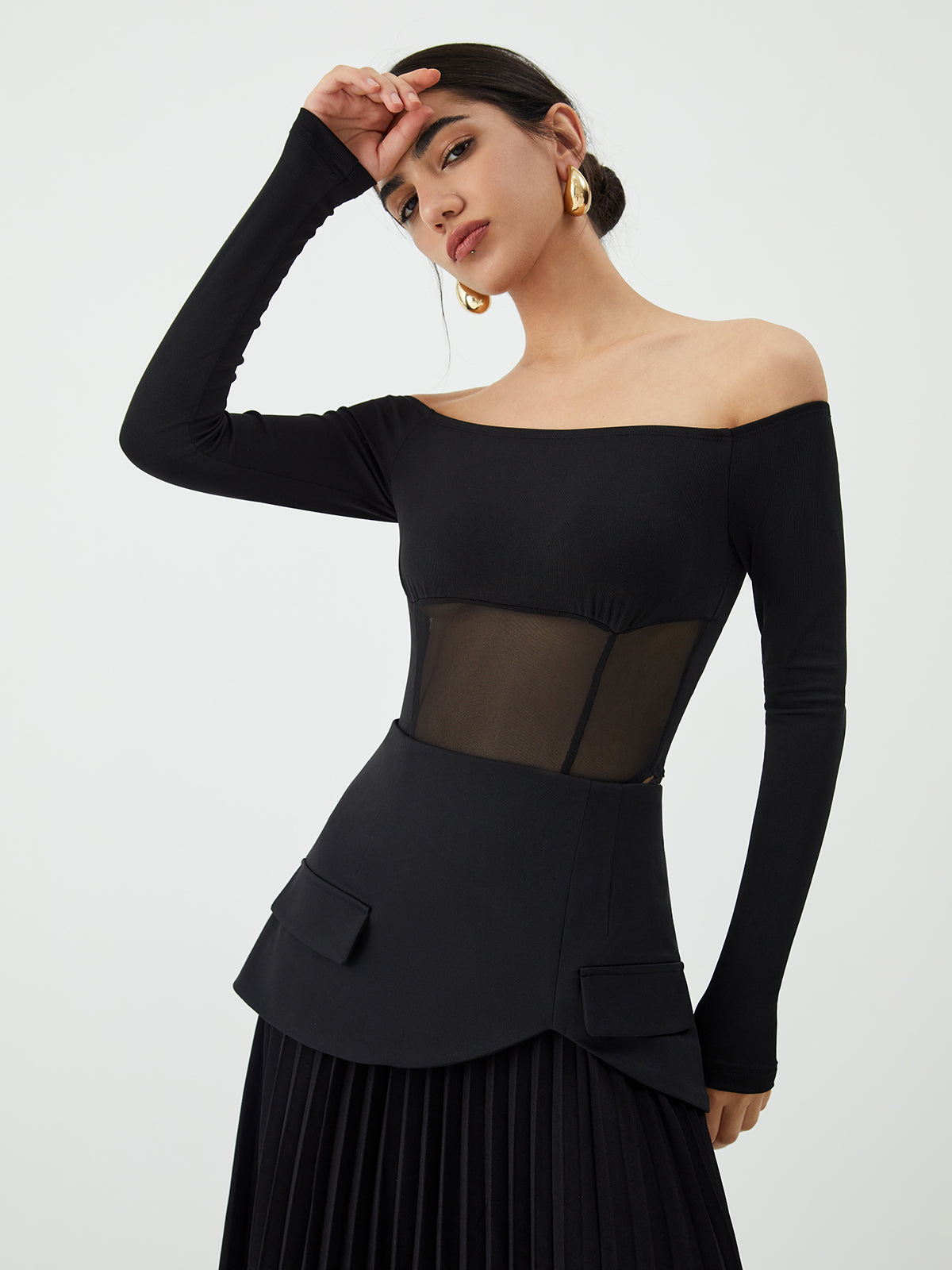 Mesh Off Shoulder Patchwork Bodysuit