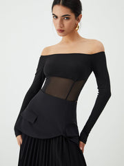 Mesh Off Shoulder Patchwork Bodysuit