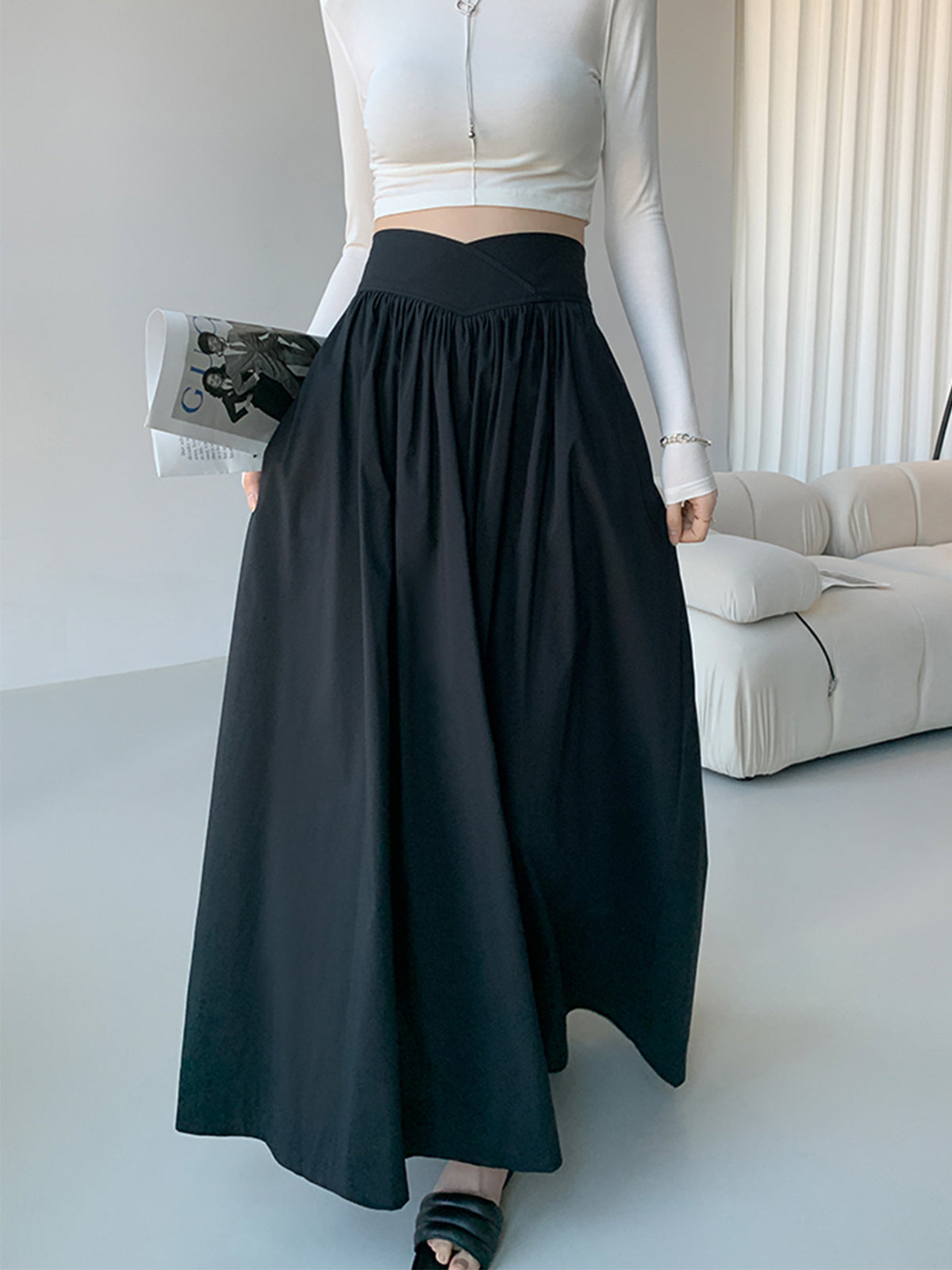 Elastic Solid Midi Skirt