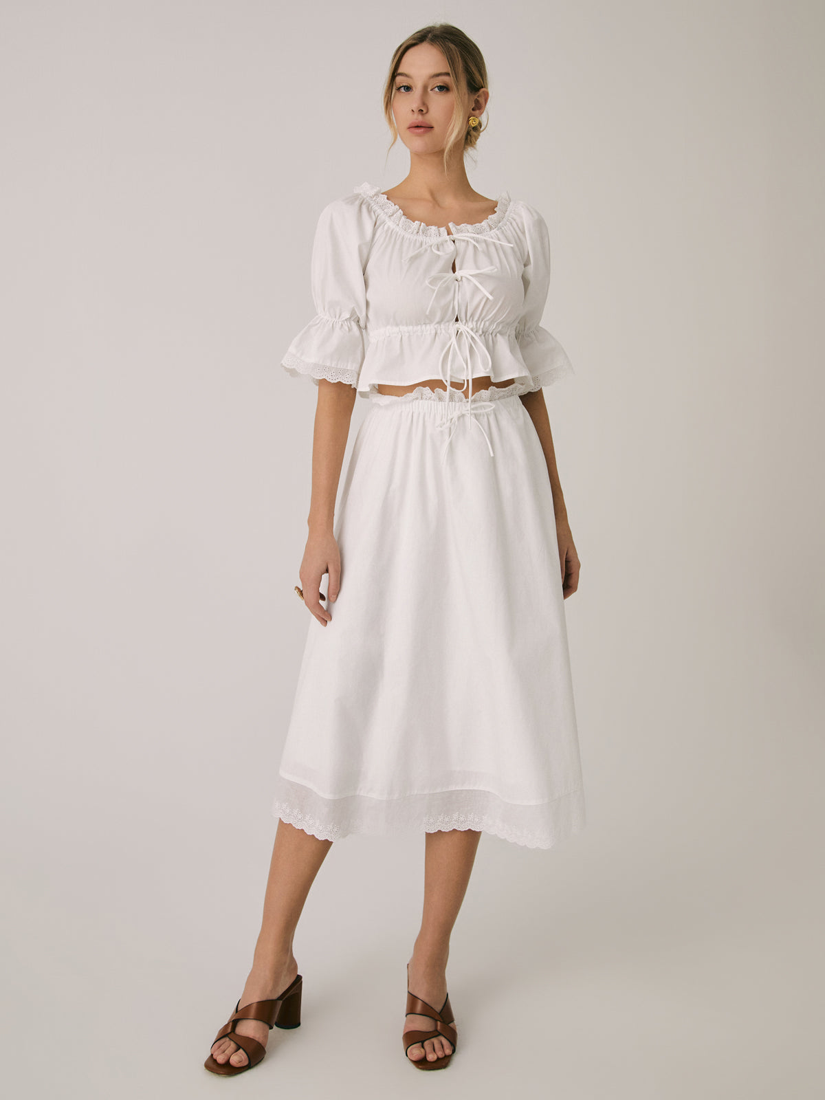 Ruffle Patchwork Lace Midi Skirt