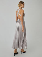 Knotted Halter Pleated Long Dress