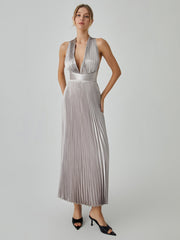 Knotted Halter Pleated Long Dress