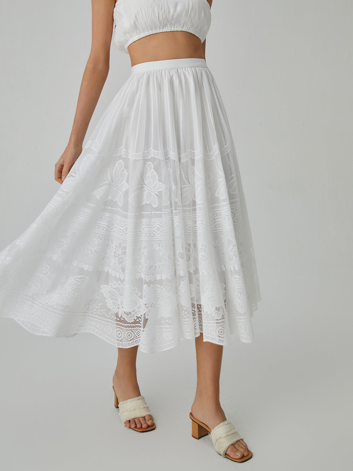 Butterfly Pattern Eyelet Midi Skirt