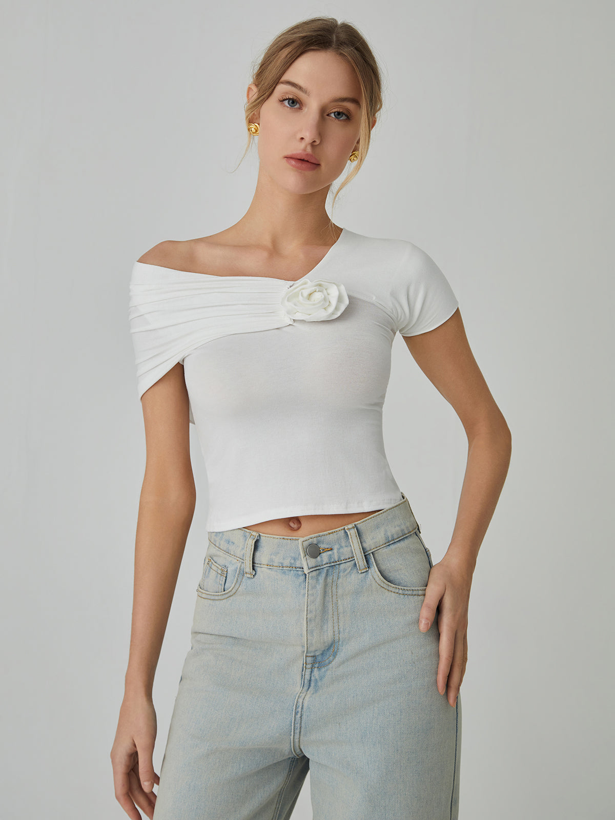 Rosette Asymmetric Short Sleeve Top