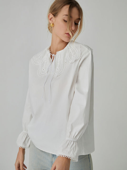 Cotton Lace Trim Tie-Front Shirt