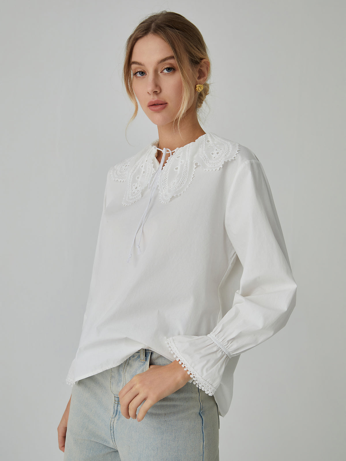 Cotton Lace Trim Tie-Front Shirt